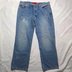 GUESS mens JEANS denim BLUE distressed BUTTON-FLY wide leg SIZE 38x30